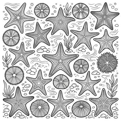 Explore the wonders of the deep blue sea with this beautifully detailed coloring page featuring a mesmerizing collection of starfish and sea urchins. Unleash your creativity as you bring these fascinating marine creatures to life with your favorite colors.