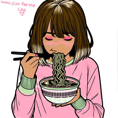 a girl realistic eating ramen noodles
