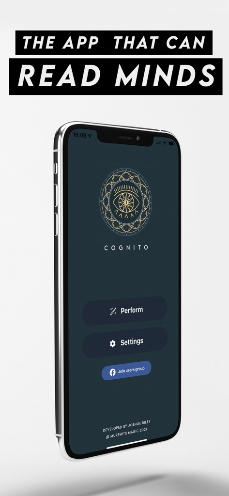A smartphone showing the Cognito Magic app home screen with the slogan the app that can read minds