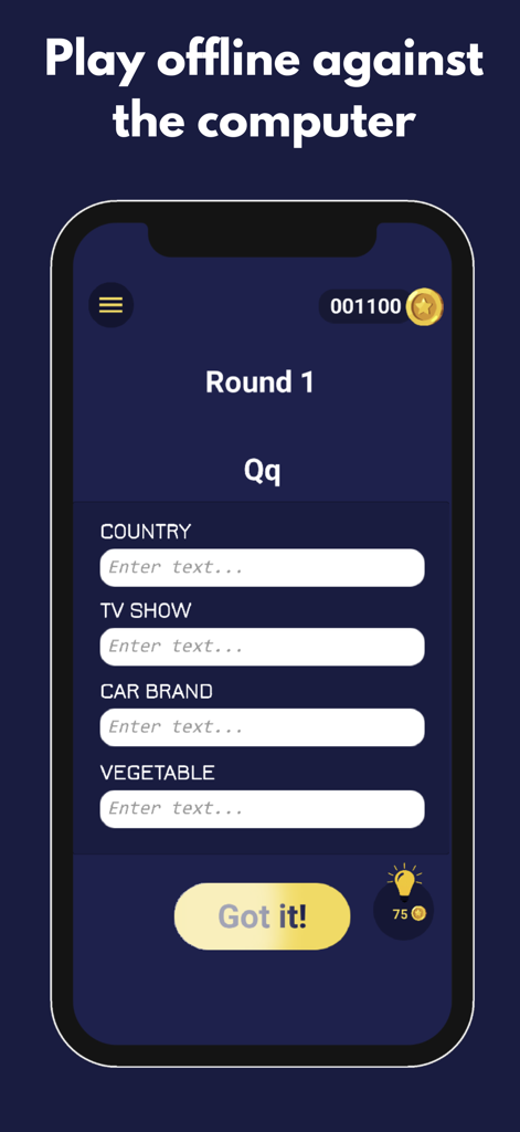 ABC Fast Or Slow - Gameplay screenshot of ABC Fast Or Slow showing categories for the letter Q in offline mode