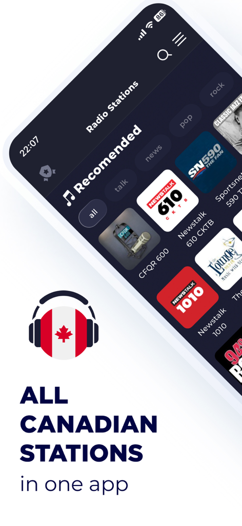 Interfaz de la aplicación móvil que muestra estaciones de radio canadienses recomendadas y filtros de categorías
