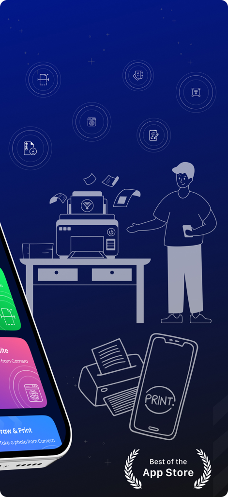 Ilustração de marketing de uma pessoa usando um iPhone para imprimir documentos sem fio através do aplicativo Impressora Inteligente Tudo em Um