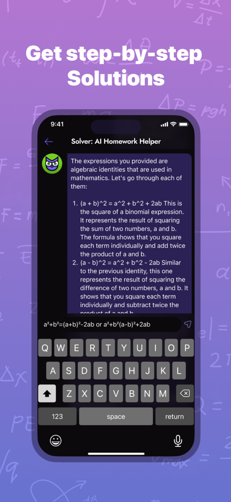 Solver AI homework helper providing step-by-step algebra solutions on a smartphone screen