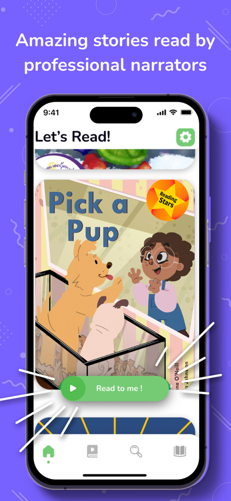 iPhone screen showing Booka app interface with a narrated children story book and a Read to me button