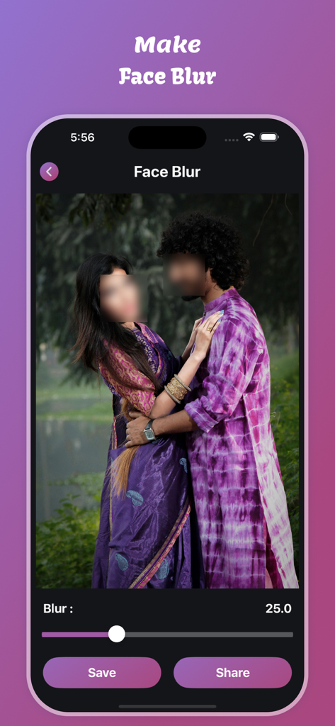 Motion Blur Effect - Interface of the Motion Blur Effect app showing the face blur tool applied to a photo of a couple