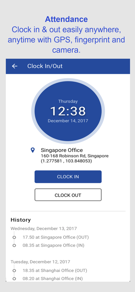 BIPO HRMS - BIPO HRMS mobile app attendance screen showing clock in and out buttons with GPS location tracking and history