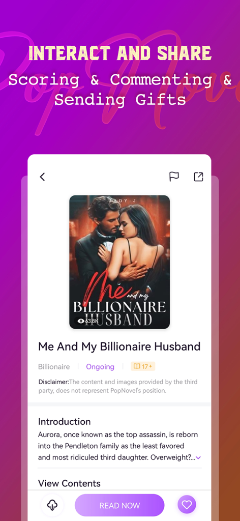 PopNovel - Captura de tela do aplicativo PopNovel mostrando a página do livro de um romance de bilionário e recursos da comunidade.
