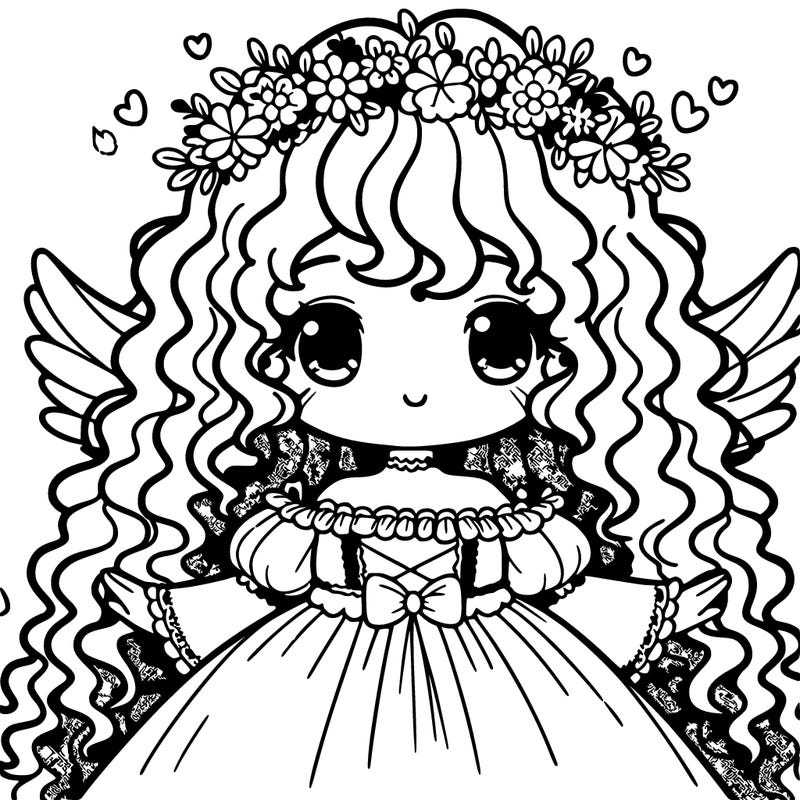 curly haired anime girl with angel wings and a flower crown and a flowery princess dress