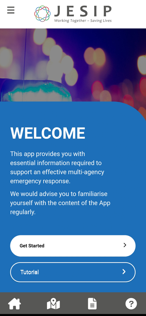 Welcome screen of the JESIP emergency response app with a Get Started button.