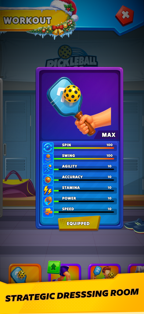 Pickleball Stars - 패들 속성과 플레이어 통계를 보여주는 피클볼 스타즈 장비 맞춤 설정 화면