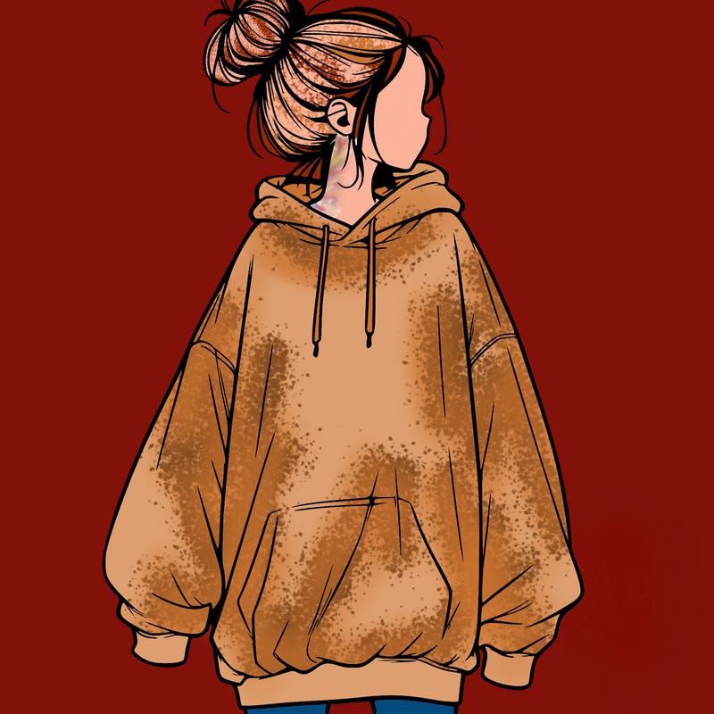 realistic girl with a oversized sweatshirt on and a bun