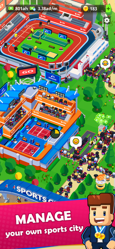A 3D isometric view of a sports city with tennis and athletics stadiums full of fans in Sports City Tycoon