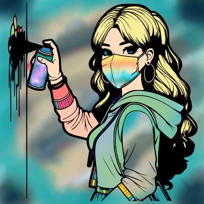 realistic girl with mask spray painting a wall