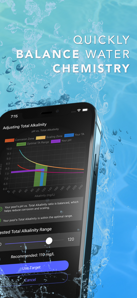 A mobile app interface displaying a pH versus total alkalinity chart for pool maintenance.