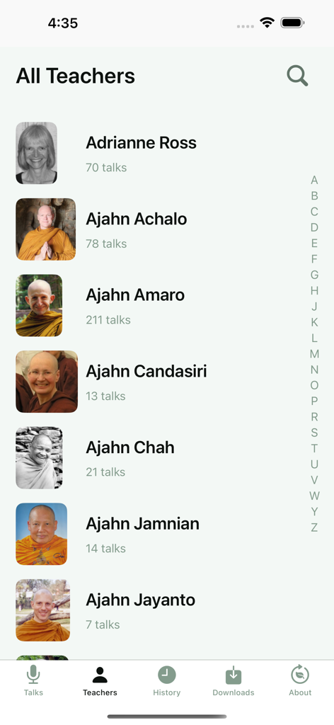 Dharma Seed - Dharma Seed app screen showing a list of meditation teachers with photos and talk counts