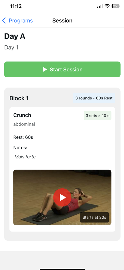 Dojo app workout session interface featuring a crunch exercise and video guide