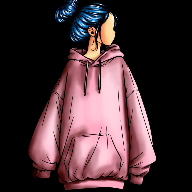 realistic girl with a oversized sweatshirt on and a bun