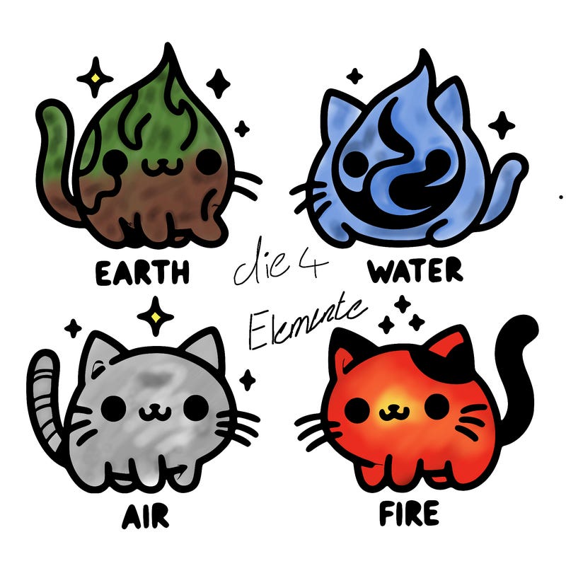 4 cats that represent the different elements, earth, water, air, and fire