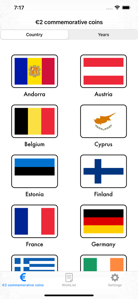 2 Euro coins - Interface de l'application 2 Euro coins montrant une liste de pays européens avec leurs drapeaux pour le suivi de la collection de pièces