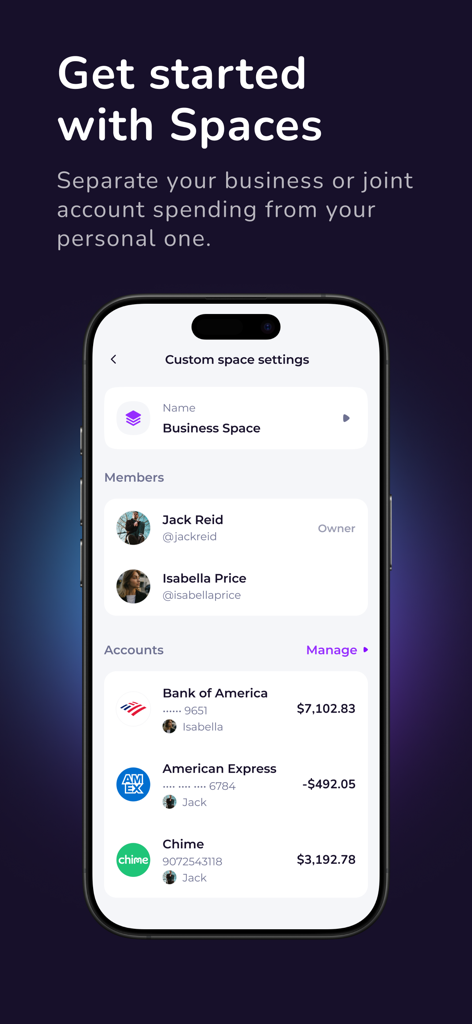 Interface of the Emma app showing the Spaces feature to separate business and personal expenses