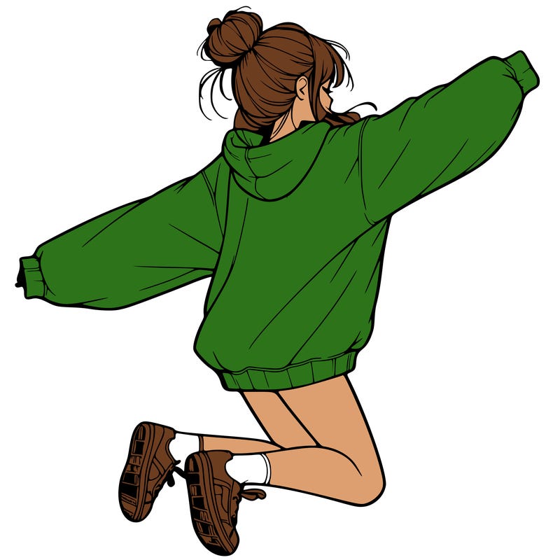 realistic girl jumping with a bun and oversized sweatshirt