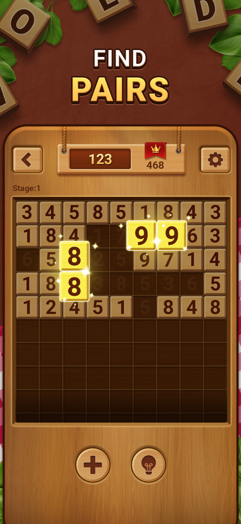 Woodber - Classic Number Game - Interfaccia del gioco mobile Woodber che mostra un puzzle numerico di blocchi di legno con coppie corrispondenti evidenziate