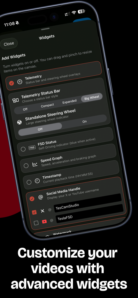 TesCam Studio - Interface of TesCam Studio showing various widget customization options for Tesla dashcam videos including telemetry and social media handles