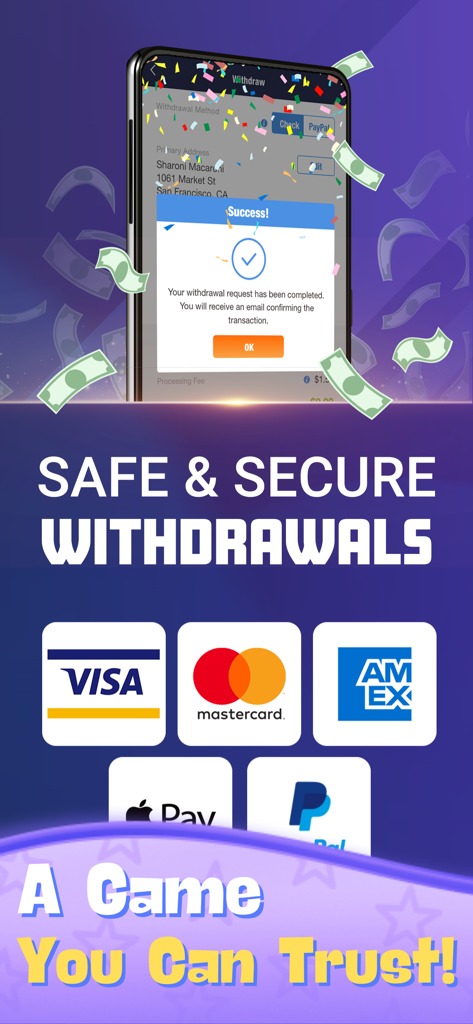 Pocket Money Pool - Win Cash - A mobile screen showing safe and secure withdrawal options for Pocket Money Pool including Visa Mastercard and PayPal