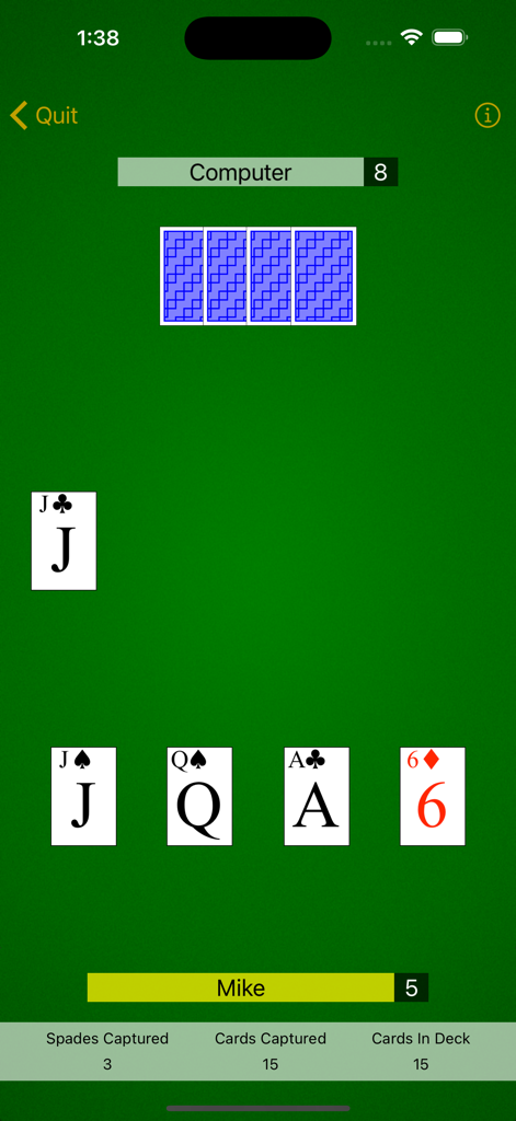 Cassino! - Pantalla de juego del juego de cartas Cassino mostrando una partida entre Mike y la computadora con estadísticas de cartas capturadas.