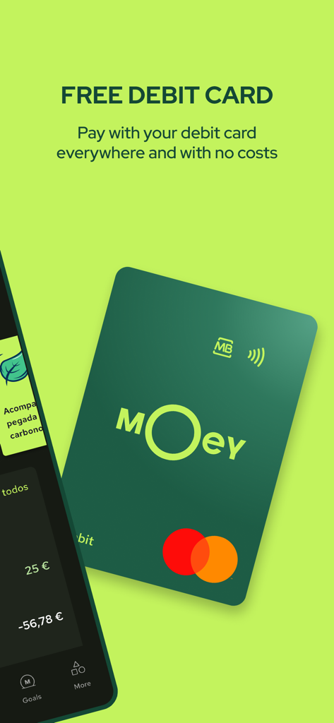 Moey mobile banking app showing a green Mastercard debit card for contactless payments without fees.
