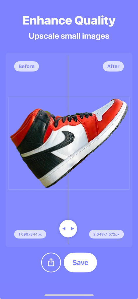 Remove BG Object Eraser - Snip - A before and after comparison of an upscaled sneaker photo showing the AI enhancement feature