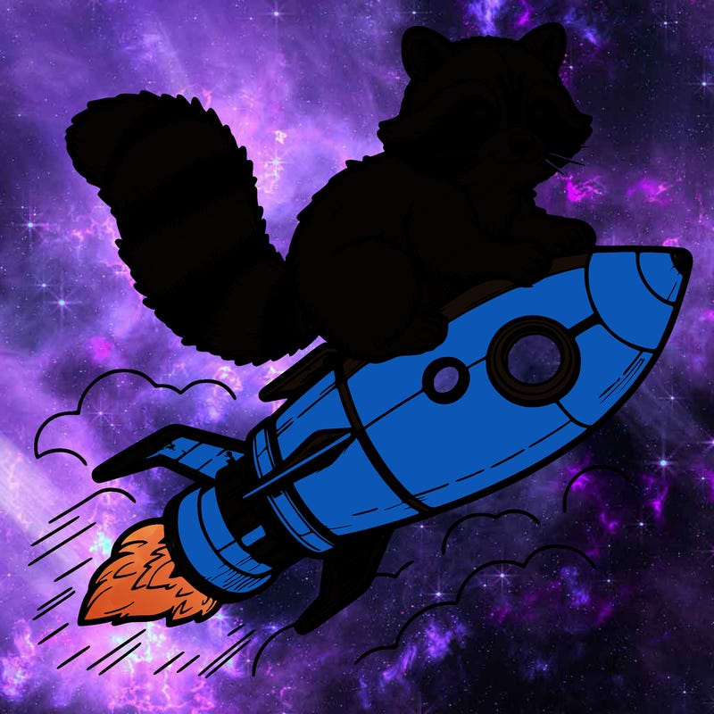 realistic raccoon flying on top rocket ship