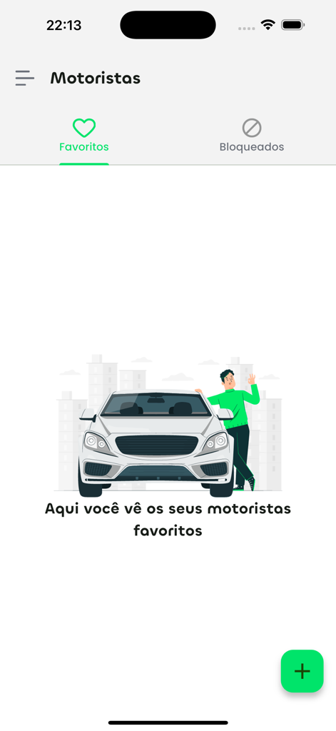 POP call - pedidos em massa - Interface of the POP call app showing the favorite drivers section with a car illustration