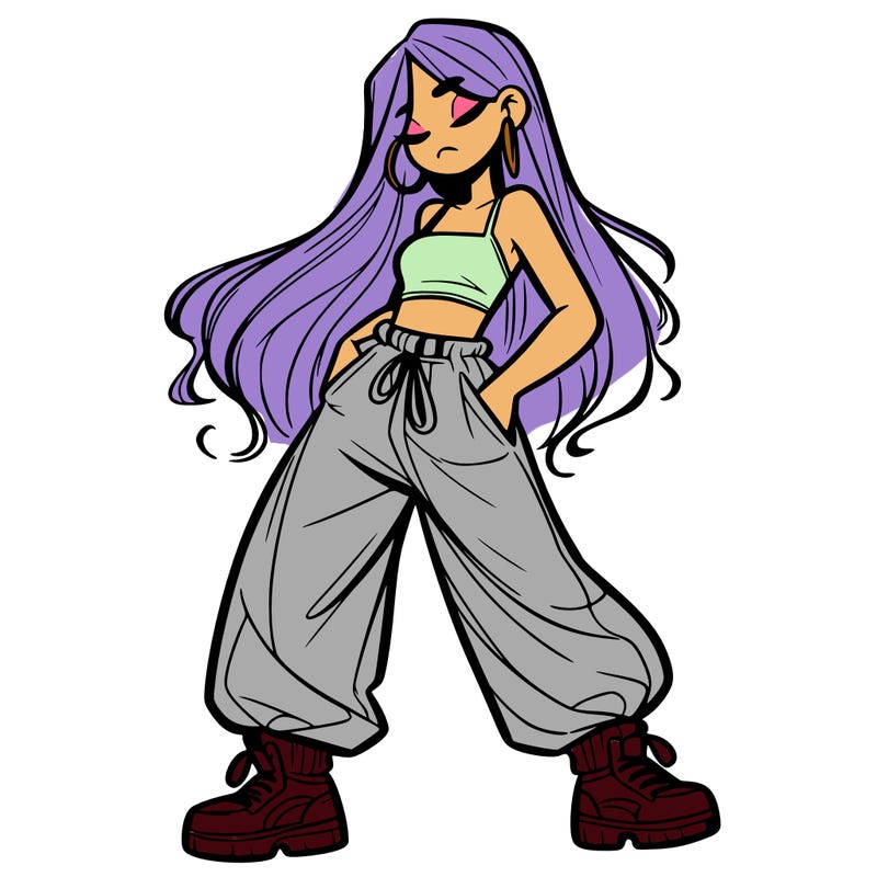 girl in baggy pants crop top and long hair