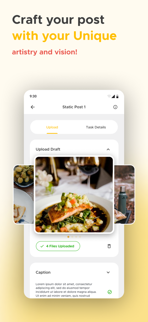 Interface of Kofluence app showing a content creator uploading a draft post for a social media campaign