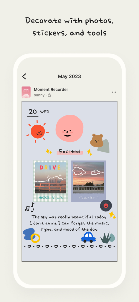 MOODA - An aesthetic digital journal entry in the MOODA app decorated with photos and stickers