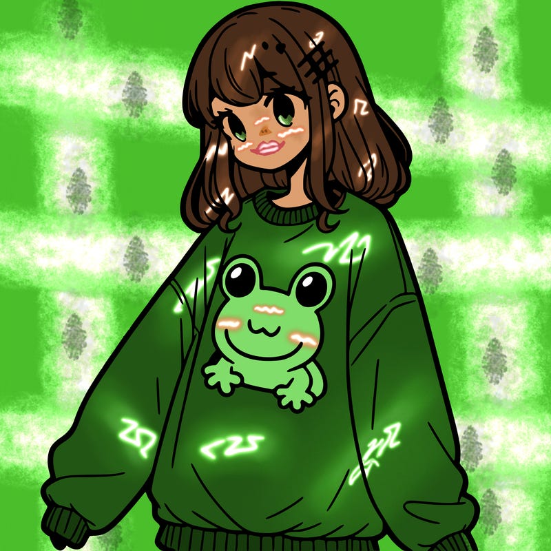 girl wearing frogging sweatshirt