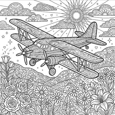 Embark on a creative flight with this exquisite adult coloring page featuring a beautifully detailed biplane soaring over a vibrant spring scene. Perfect for those who love intricate designs and the renewing spirit of the season.