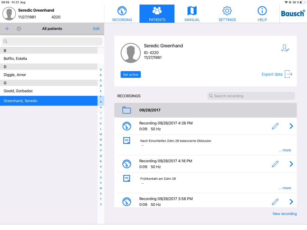 OccluSense - OccluSense iPad app interface showing a patient profile with a list of dental occlusion recordings and a sidebar with patient names.