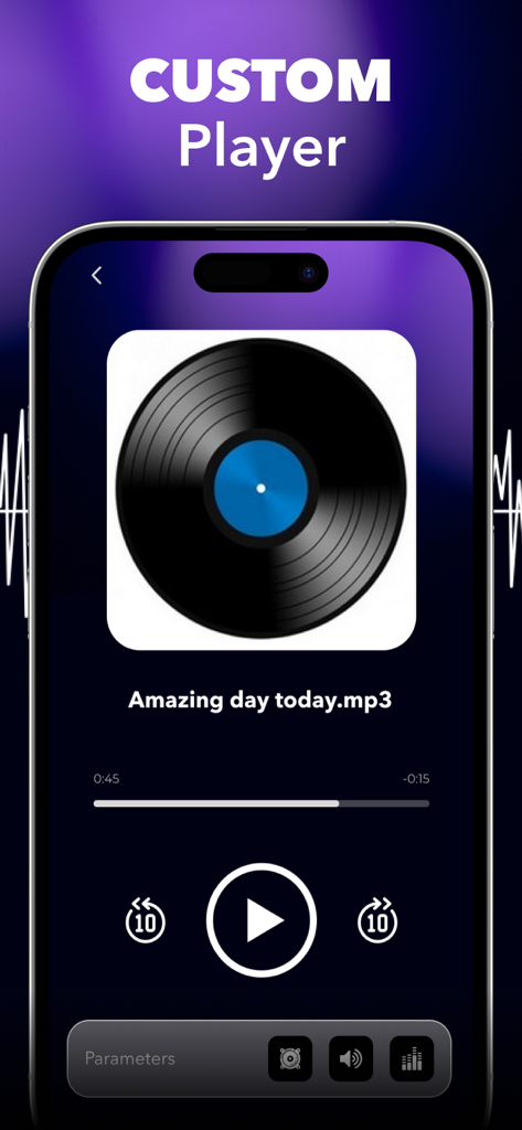 Bass Booster: Sound & Music EQ - Custom music player interface for Bass Booster app featuring a vinyl record and audio playback controls