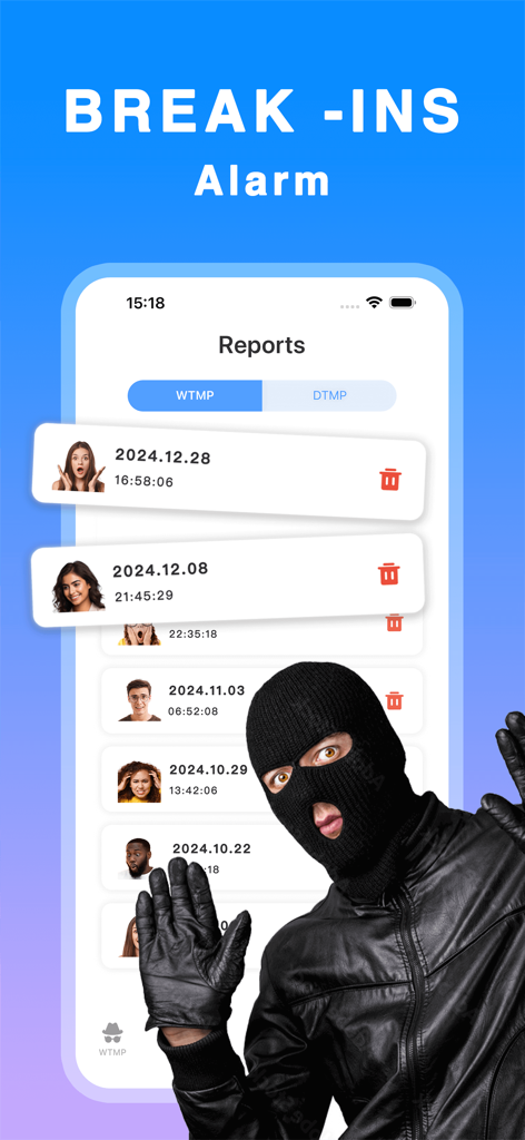 App-Bildschirm, der eine Liste von Eindringlingserkennungsberichten mit aufgenommenen Fotos und Zeitstempeln anzeigt