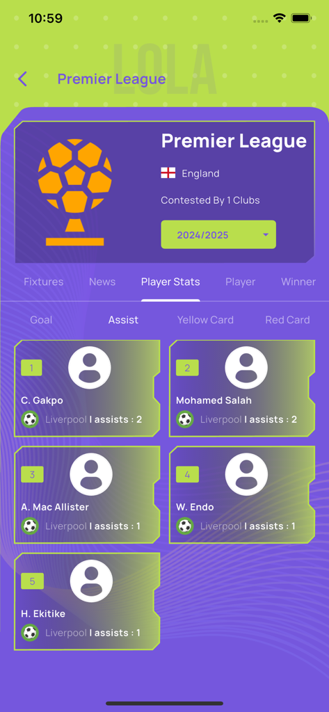 LOLA FOOTBALL - LOLA FOOTBALL mobile app screen showing Premier League player assist statistics