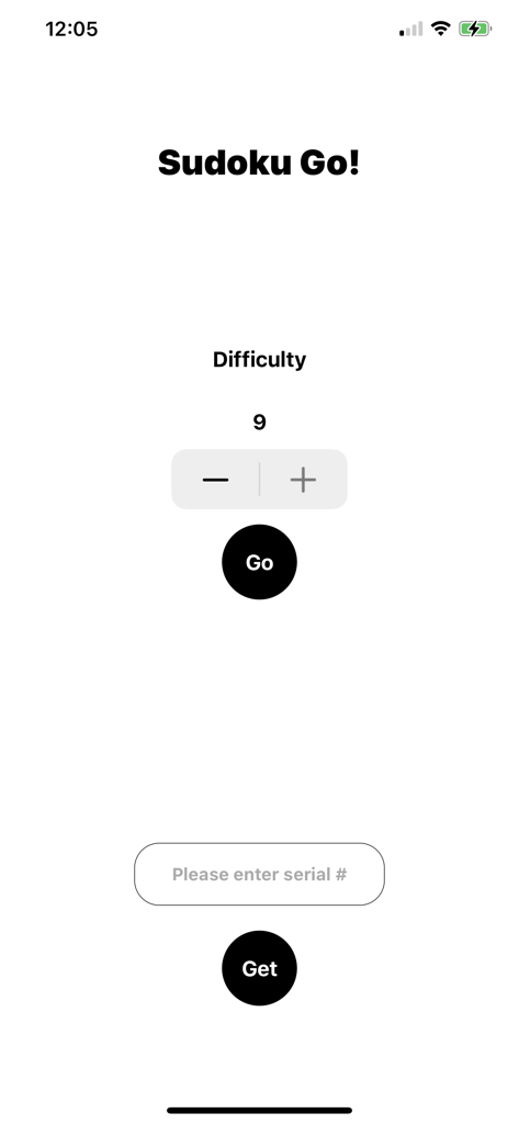Sudoku Go Pro app interface showing difficulty selection and serial number search field for printed puzzles