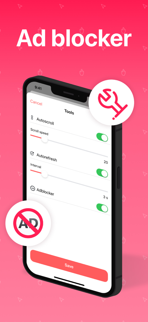 Web Tools - Auto Scroll - Mobile app interface displaying ad blocker and auto scroll settings on a smartphone screen