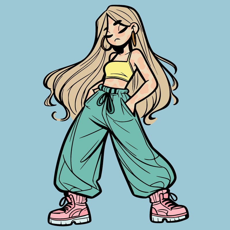 girl in baggy pants crop top and long hair
