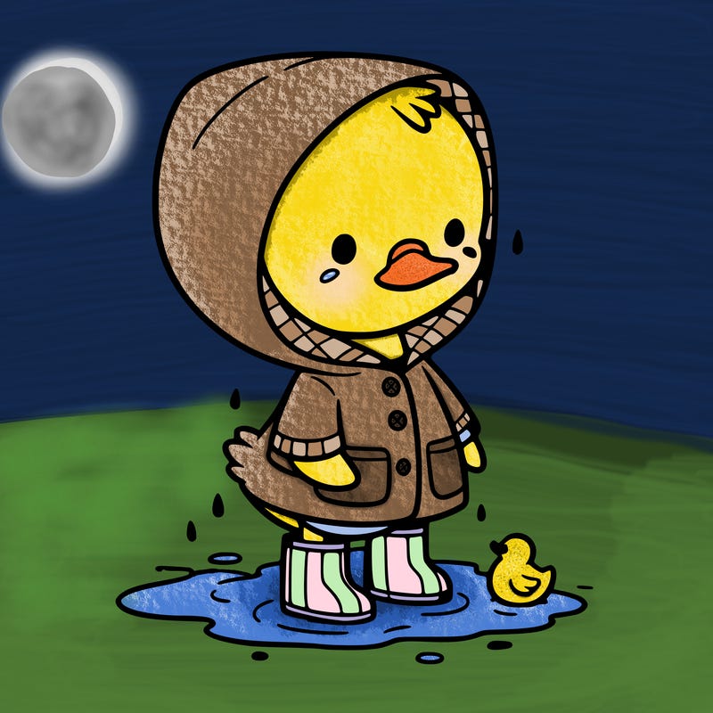 baby duck in a rain coat and boots, in a puddle while it’s raining