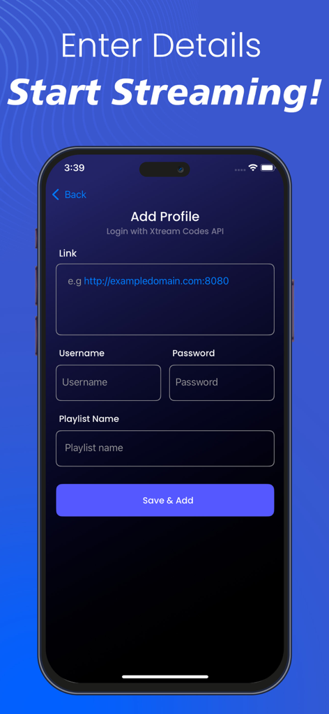 IPTV Smart Player, Live Stream - User interface for adding an IPTV profile with Xtream Codes API login credentials including link username and password