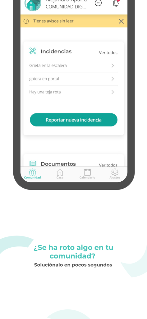 Mobile screen of TucomunidApp showing a list of community maintenance incidents and a button to report new issues