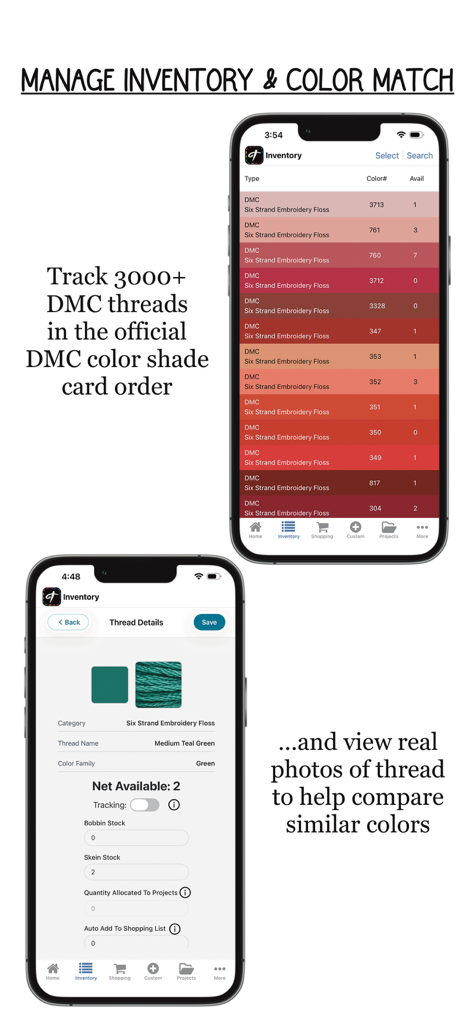 Threadster - Capturas de pantalla de la aplicación móvil Threadster que muestran el seguimiento del inventario de hilos DMC y las funciones de combinación de colores para bordado