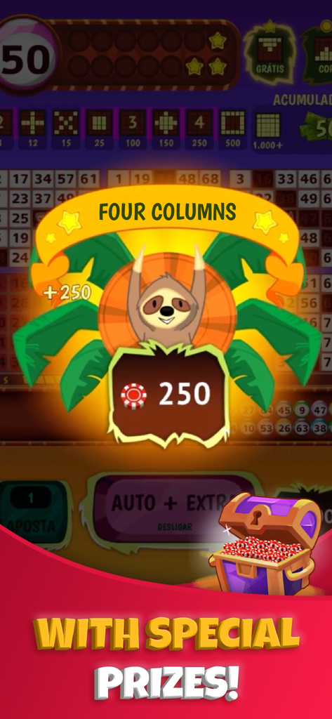 Praia Bingo: Bingo Online - Un personaje perezoso de dibujos animados sonriente celebrando una victoria de Cuatro Columnas en Praia Bingo con un cofre del tesoro de fichas.